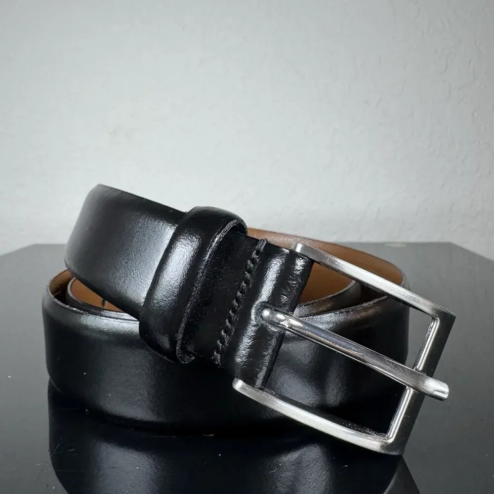 W. Kleinberg Mens Leather Dress Belt Sz 34 Silver Logo Buckle Black Office USA